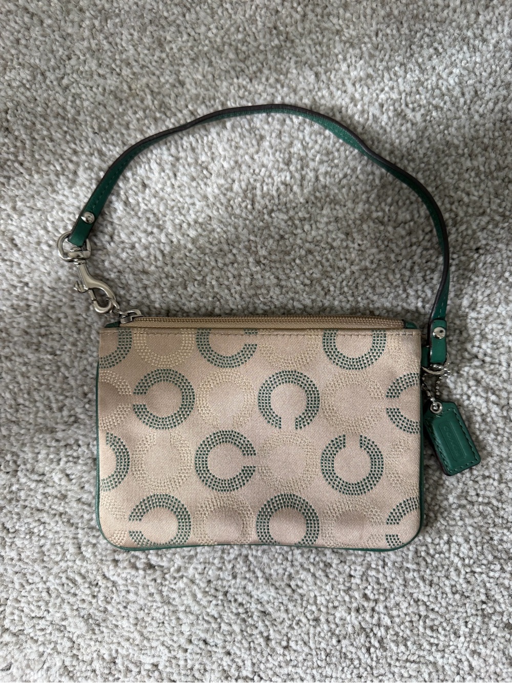 Coach Beige and Green Signature Wristlet Clutch